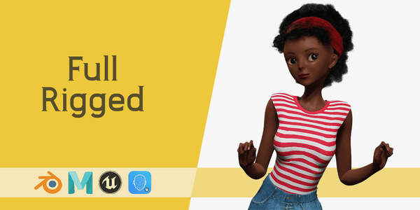 Cute African Female — Stylized Cartoon 3D Character Model Fully Rigged for Blender