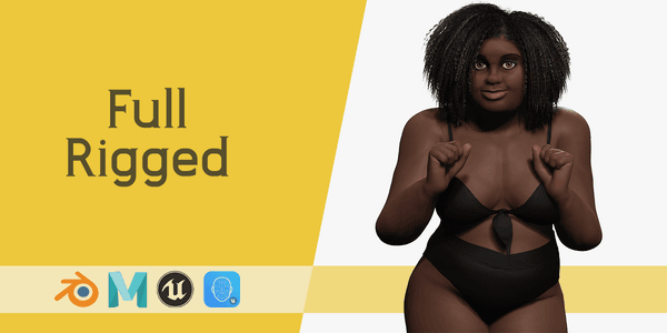 Big Fat Naked African Female Cartoon Black Afro Rigged Woman — Stylized Cartoon 3D Character Model Fully Rigged for Blender