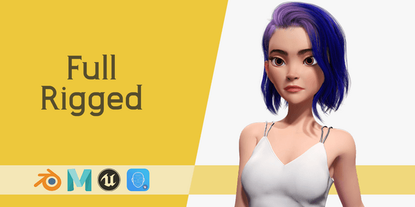 Purple Hair Rigged Stylized 3d Girl With Vibrant Hair And Fashionable Style — Stylized Cartoon 3D Character Model Fully Rigged for Blender