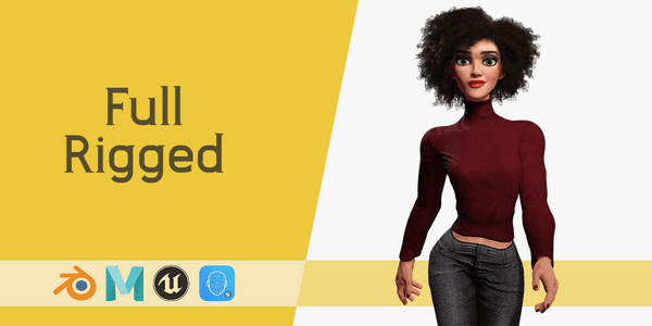 Red Turtleneck Rigged Stylized Young Woman 3d Character — Stylized Cartoon 3D Character Model Fully Rigged for Blender