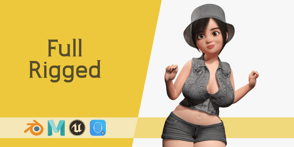 Curvy Girl In Denim Outfit Rigged Stylized 3d Female Character — Stylized Cartoon 3D Character Model Fully Rigged for Blender