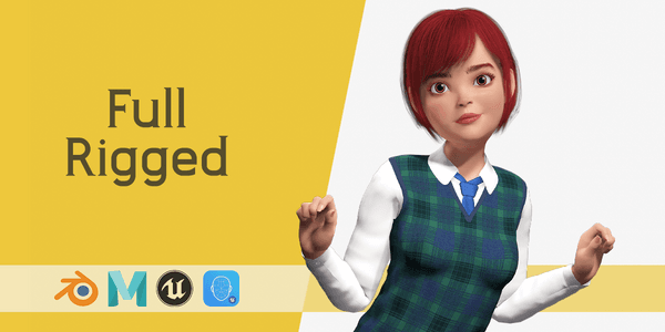 Red Hair And School Outfit Rigged Stylized High School Girl 3d Model — Stylized Cartoon 3D Character Model Fully Rigged for Blender